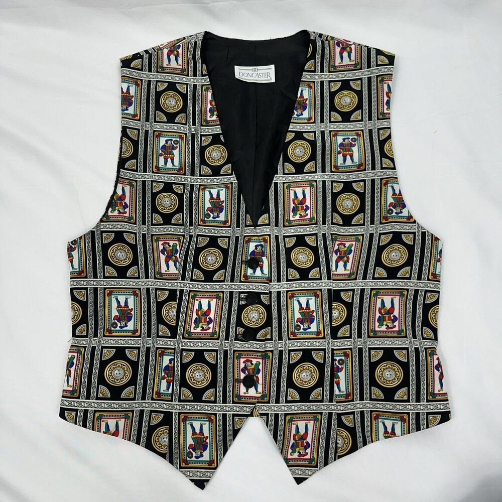 VTG Doncaster Jester Playing Card Novelty Print Vest 90s Whimsical Harlequin 8